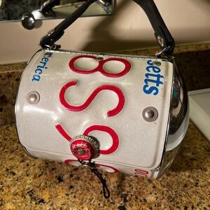 Chic License Plate Purse Bag with Tire Handle & Felt Interior; 9x6.5x7”